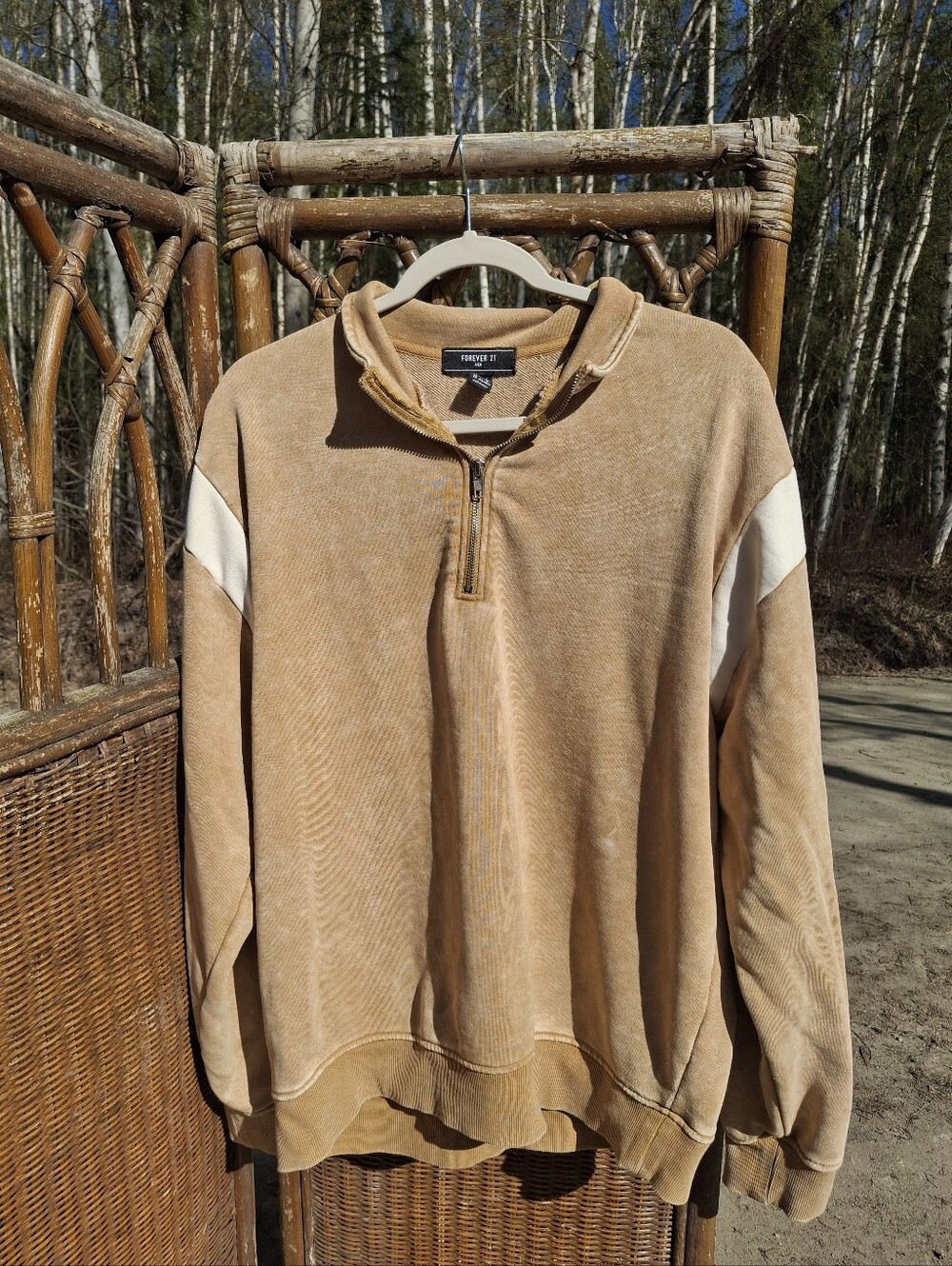 Forever 21 Men's Beige Zip-Up Pullover with White Sleeve Panels